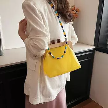 2024 новая ретро персонализированная деревянная сумка с замком-цепочкой и зажимом, модная сумка-мессенджер из искусственной кожи с корпусом прилив жёлтый