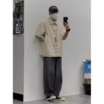 2024 Новая ретро-рубашка для летней мужской одежды, гонконгский стиль, студенческая свободная, маленький и популярный дизайн, забавный мужской топ, верхняя одежда M чёрный