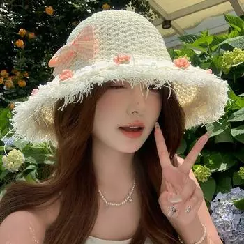 2024 Новая ретро-шляпа с бантом в клетку, декоративная тканая шляпа от солнца, летняя, для путешествий на открытом воздухе, корейская, универсальная, солнцезащитная, милая, женская, кепка 56-58cm бежевый