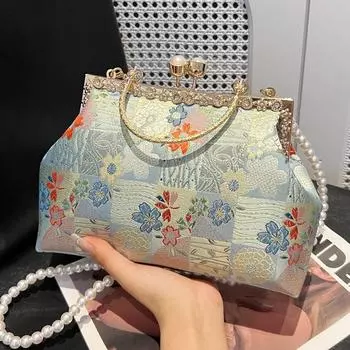 2024 Новая розовая вышитая жемчужная цепочка в китайском стиле, модная ретро-сумка через плечо, женская свадебная сумочка, сумка-клипса для ужина красный