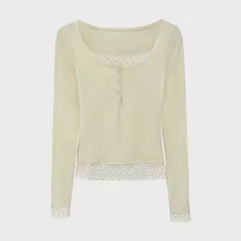 2024 Новая рубашка из двух частей с U-образным вырезом и длинными рукавами с чистым цветочным принтом - европейский, корейский стиль Extra Large абрикосовый