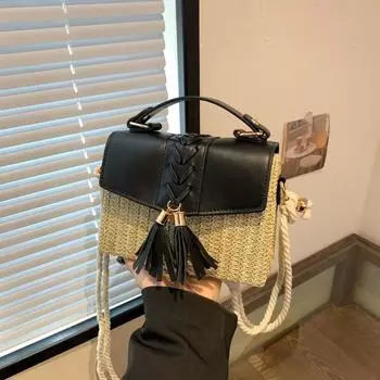 2024 Новая ручная пляжная сумка из плетеной травы, универсальная сумка через плечо с кисточками для девочек, сумка для мобильного телефона, сумка чёрный