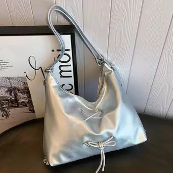 2024 новая серебряная простая сумка-тоут, модная на шнуровке сумка через плечо в иностранном стиле, повседневная корейская версия, женский рюкзак для поездок на работу чёрный