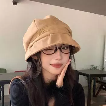 2024 новая шляпа рыбака три в одном детская весна и осень однотонная закрывающая лицо замшевая ворсовая шляпа берет прилив M56-58cm бежевый