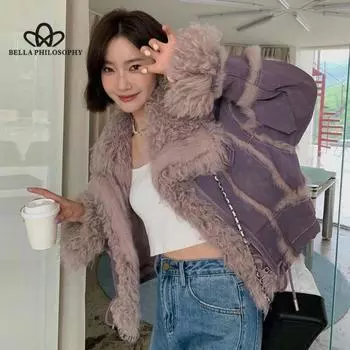 2024 новая шуба из меха кролика женская короткая байкерская куртка с воротником из овечьей шерсти осень-зима из натурального меха высокого качества M