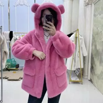 2024 Новая шуба с капюшоном и медвежьими ушками, повседневная плюшевая куртка средней длины для поездок на работу L 80-130
