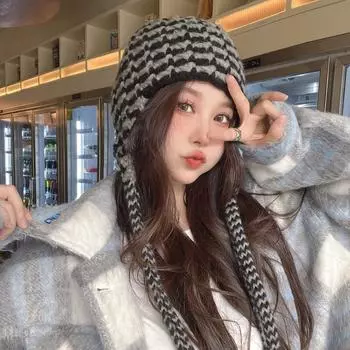 2024 Новая симпатичная вязаная шапка-череп для защиты ушей, женская осенне-зимняя японская дикая теплая шапка-бини, связанная вручную крючком, Mujer 56-58cm
