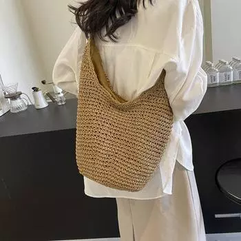 2024 новая соломенная сумка женская летняя пляжная сумка для отдыха на море красивая плетеная сумка для отдыха большая вместительная сумка через плечо коричневый
