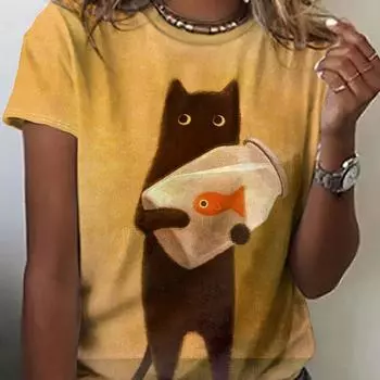 2024 Новая стильная футболка для женщин с графическим принтом кота, забавная женская футболка большого размера, летняя женская одежда, модная с коротким рукавом XL