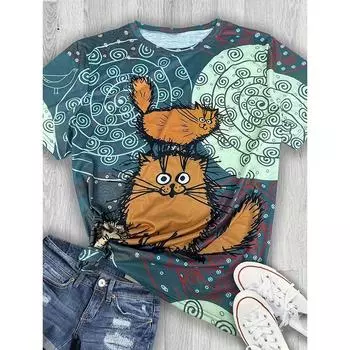 2024 Новая стильная футболка для женщин с забавным принтом кошки, футболка большого размера, летняя женская одежда, модная футболка с коротким рукавом с круглым вырезом S