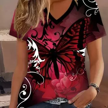 2024 Новая стильная футболка для женщин, футболки с бабочками, блузка, футболка большого размера, летняя женская одежда, модная футболка с коротким рукавом и v-образным вырезом S