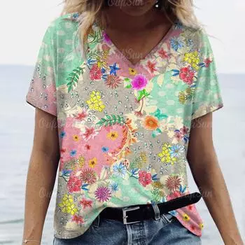 2024 Новая стильная футболка для женщин, топ с цветочным принтом, женская одежда большого размера, футболки, летние топы с v-образным вырезом, рубашка, оригинальный дизайн, дешево S