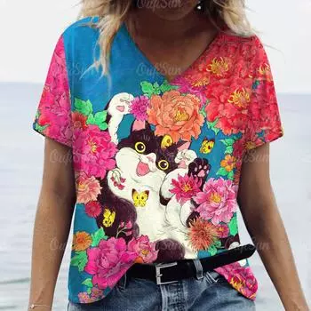 2024 новая стильная футболка для женщин, топы с милым кошачьим принтом, женская одежда больших размеров, летние топы с v-образным вырезом, рубашка, футболки оригинального дизайна S