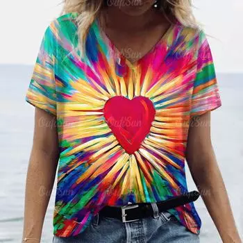 2024 новая стильная футболка для женщин, топы с сердечками, женская одежда оверсайз, футболки, летние топы с v-образным вырезом, рубашки, футболки оригинального дизайна S