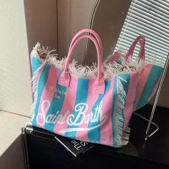 2024 Новая сумка через плечо Европейская Американская Пляжная Большая вместительная сумка через плечо для поездок на работу Сумка-тоут с бахромой и принтом ручной работы синий