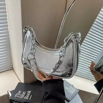 2024 Новая сумка через плечо Niche Design с цепочкой и полумесяцем Premium Sense Laser Crescent, модная женская сумка в стиле Spice Girl 22*7*18 серебряный