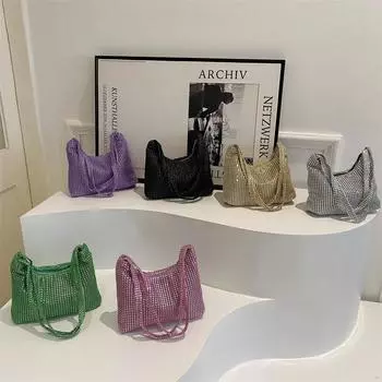 2024 новая сумка для ужина, инкрустированная бриллиантами, модная, персонализированная, простая, со стразами, ручная работа, сумка через подмышку, сумка через плечо чёрный