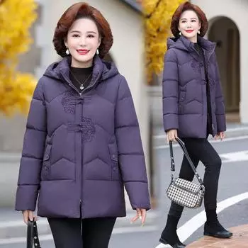 2024 новая свободная хлопковая одежда для женщин среднего и пожилого возраста, женская зимняя одежда большого размера с капюшоном для мам, хлопковая утепленная короткая теплая куртка L красный