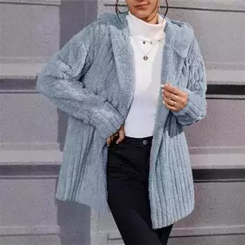 2024 Новая теплая и модная куртка с капюшоном из арктического флиса с вертикальными полосками с двух сторон S чёрный