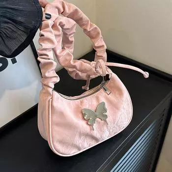 2024 новая текстурированная универсальная плиссированная сумка через плечо с бабочкой для женщин, популярная модная сумка-мессенджер для весны и лета чёрный