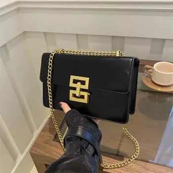 2024 Новая трендовая сумка через плечо Европейская и американская ретро женская сумка Модная цепочка Маленькая квадратная сумка с замком Текстурированная сумка через плечо чёрный