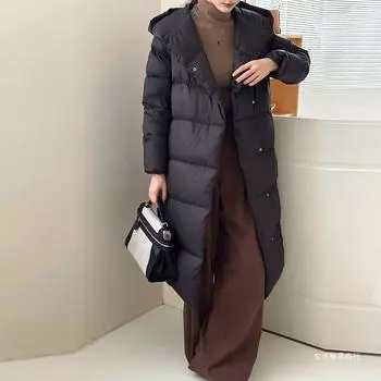 2024 новая утолщенная куртка-пуховик средней и длинной длины до колена с капюшоном простая дутая белая легкая куртка на утином пуху S (within 110) чёрный