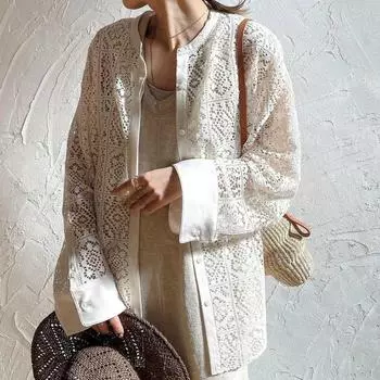 2024 Новая Весна Женская Кружевная Блузка Длинный Рукав Модные Топы Свободные Футболки Белый Dimanaf One Size бежевый