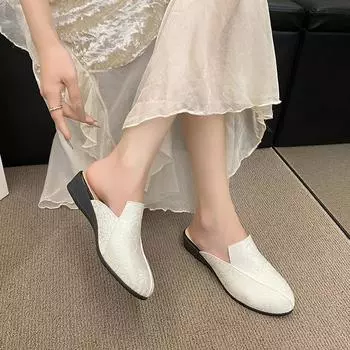 2024 Новая весенне-осенняя женская обувь Модные тапочки с круглым носком, однотонные, на танкетке, для дома, женские тапочки с плоским носком 36 бежевый