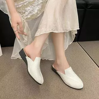 2024 Новая весенне-осенняя женская обувь Модные тапочки с круглым носком, однотонные, на танкетке, для дома, женские тапочки с плоским носком 36 бежевый