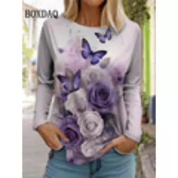 2024 Новая весенняя футболка Женская мода Уличная футболка с V-образным вырезом Свободная одежда Повседневная полосатая принтованная рубашка с длинным рукавом Оверсайз Топы 2XS