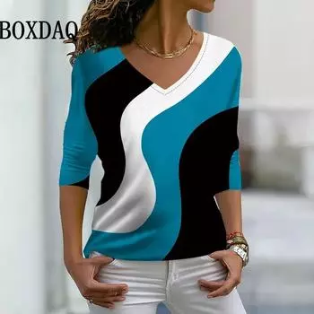 2024 Новая весенняя футболка Женская мода Уличная футболка с V-образным вырезом Свободная одежда Повседневная полосатая принтованная рубашка с длинным рукавом Оверсайз Топы S