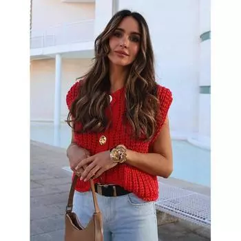 2024 Новая весна и осень женская одежда в европейском и американском стиле с карманами без рукавов короткий вязаный жилет S красный