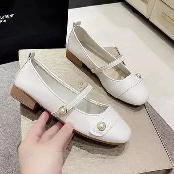 2024 Новая весна квадратный носок неглубокий носок удобные и элегантные женские туфли на низком каблуке повседневные дышащие туфли на плоской подошве с пряжкой 35 бежевый