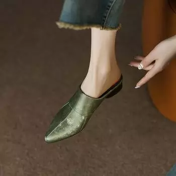 2024 Новая весна-лето кожаные мюли тапочки женские туфли на среднем каблуке квадратный носок женские туфли-лодочки модная обувь для женщин женская обувь 35 бежевый