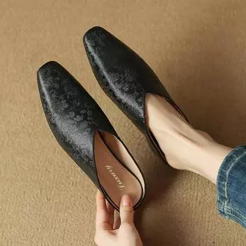 2024 Новая весна-лето кожаные мюли тапочки женские туфли на среднем каблуке квадратный носок женские туфли-лодочки модная обувь для женщин женская обувь 34 чёрный