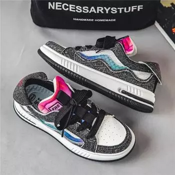 2024 Новая весна-осень мужская повседневная персонализированная парусиновая обувь на шнуровке модная и популярная цветная спортивная обувь для активного отдыха 39 чёрный