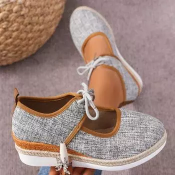 2024 Новая весна осень новая женская обувь мода круглый носок однотонный неглубокий носок танкетка шнуровка женская вулканизированная обувь 36 темно-синий