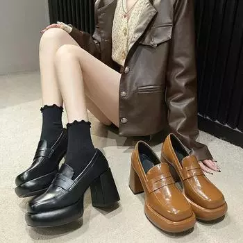 2024 Новая весна-осень Туфли Мэри Джейн на толстой подошве Женские туфли на платформе с каблуком 9 см Дизайнерские туфли-лодочки с квадратным носком Вечерние платья Лоферы 35 коричневый