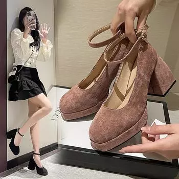 2024 Новая весна Женская обувь с пряжкой в одну линию Ретро-шоу Элегантный стиль 100 в сочетании с юбками и высокими каблуками 35 чёрный