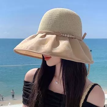 2024 новая виниловая солнцезащитная шляпа с бантом, женская летняя защитная шляпа от УФ-излучения, солнцезащитная шляпа-ведро с большими полями Adult average size бежевый