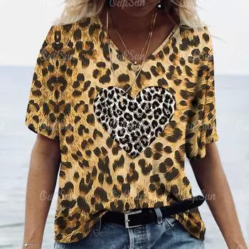 2024 Новая винтажная футболка с леопардовым принтом и сердечками для женщин, топ больших размеров, женская трендовая одежда, рубашка с короткими рукавами, блузка с v-образным вырезом S