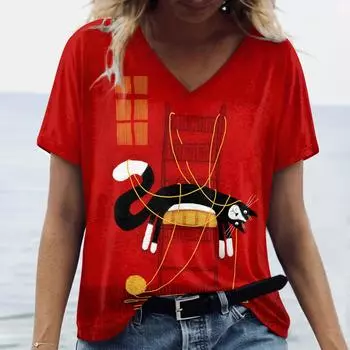 2024 Новая винтажная футболка с принтом кота для женщин, топ больших размеров, женская трендовая одежда, рубашка с короткими рукавами, блузка с v-образным вырезом S