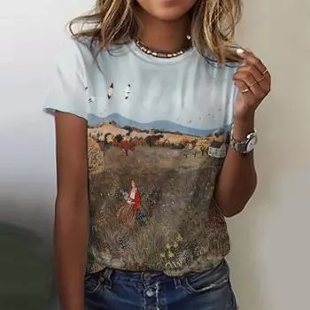 2024 Новая винтажная женская футболка с графическим принтом, топ больших размеров, женская трендовая одежда, модная рубашка с короткими рукавами, летняя футболка с круглым вырезом S