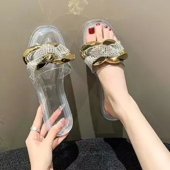 2024 Новая волна Летняя мода Sandalias De Mujer Плоские нескользящие домашние тапочки женские роскошные металлические блестящие тапочки Zapatos Mujer 36 белый