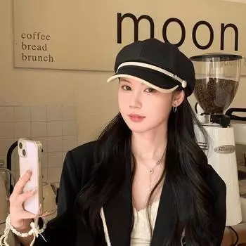 2024 новая восьмиугольная кепка из искусственной кожи, детская осенне-зимняя кепка в тон, женская уличная кепка для отдыха с лицом газетчика M56-58cm чёрный