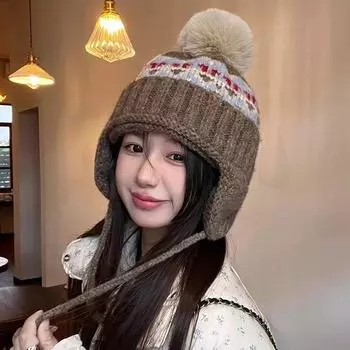 2024 новая вязаная шапка для защиты ушей женская осенне-зимняя теплая шерстяная шапка, закрывающая уши, ретро-стиль этнического стиля, маленькая шапка для лица M56-58cm темно-коричневого