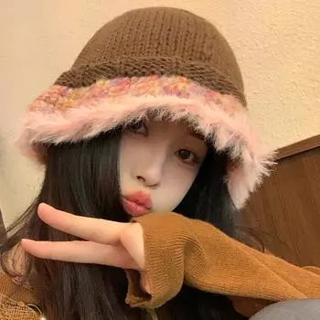 2024 новая вязаная вручную шапка-ведро для женщин на осень и зиму, большая окружность головы, показывающая лицо, маленькая шапка, теплая и холодная шерстяная шапка-ведро M56-58cm кофейный