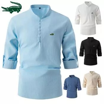 2024 Новая вышивка, модная ретро мужская весенне-осенняя хлопково-льняная рубашка со стоячим воротником, деловая приталенная повседневная рубашка с длинными рукавами S чёрный