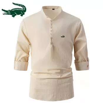 2024 Новая вышивка, модная ретро мужская весенне-осенняя хлопково-льняная рубашка со стоячим воротником, деловая приталенная повседневная рубашка с длинными рукавами S