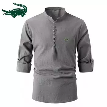 2024 Новая вышивка, модная ретро мужская весенне-осенняя хлопково-льняная рубашка со стоячим воротником, деловая приталенная повседневная рубашка с длинными рукавами S чёрный